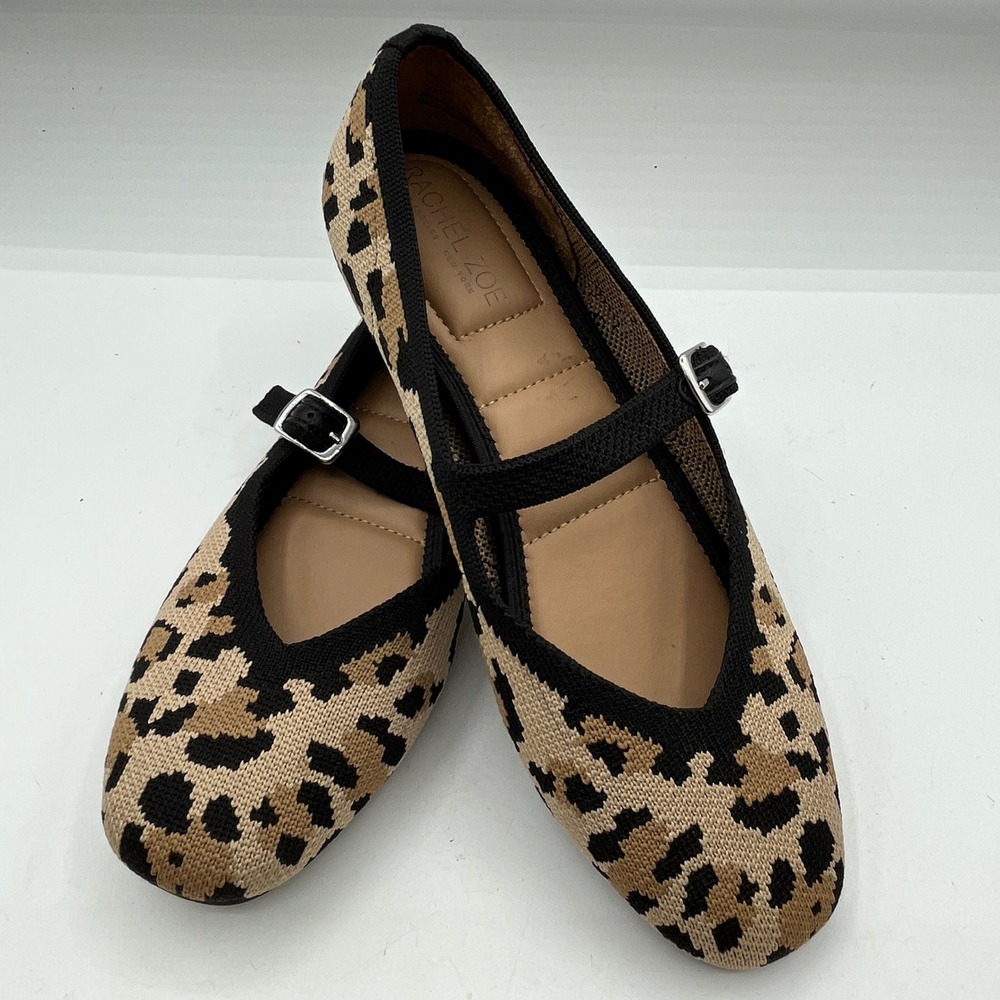 Rachel Zoe Wms Leopard Print Knit Mary Jane Flats Ballet Flat Sz 7 Chic Trendy